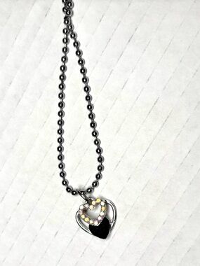 Black Enamel Heart Pendant Necklace with Crystal Accent - Women Jewelry